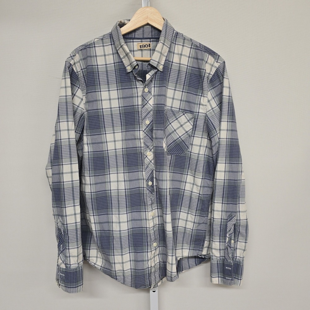 1901 Nordstrom Mens Blue Plaid Button Down Shirt Long Sleeve Cotton Large